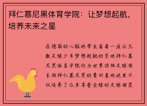 拜仁慕尼黑体育学院：让梦想起航，培养未来之星