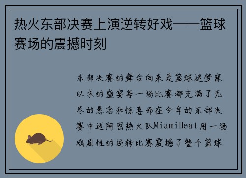 热火东部决赛上演逆转好戏——篮球赛场的震撼时刻